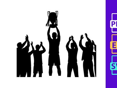 Silhouette of a group of people celebrating with a trophy