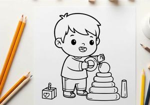 Cute child playing with toy blocks vector illustration