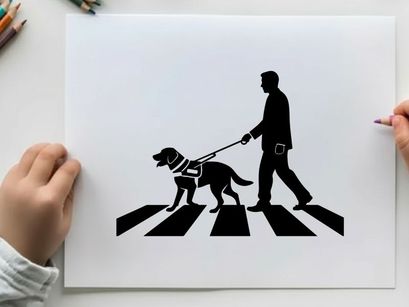 Man and guide dog crossing street in silhouette