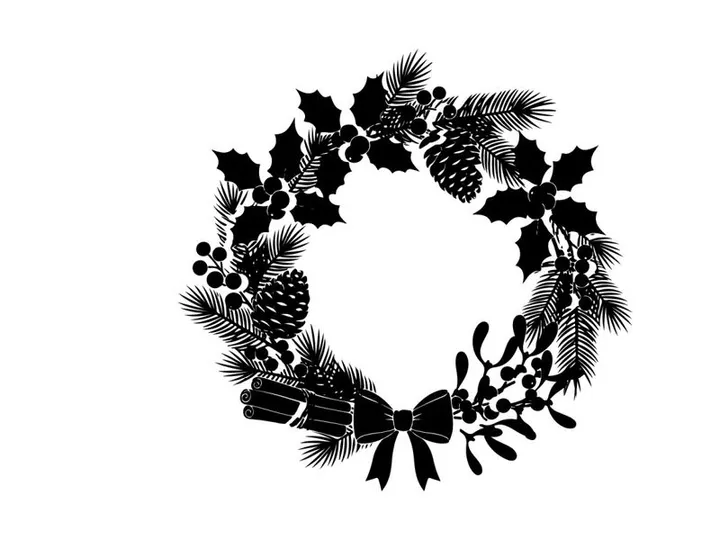 Christmas wreath silhouette with pinecones and ribbons