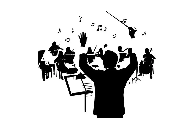 Silhouette of a conductor leading an orchestra with music notes