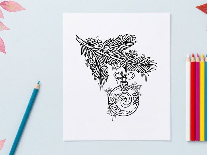 Hand-drawn Christmas dove ornament with olive branch and decorative swirls for festive holiday decor
