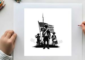 Revolutionary war soldiers with american flag silhouette