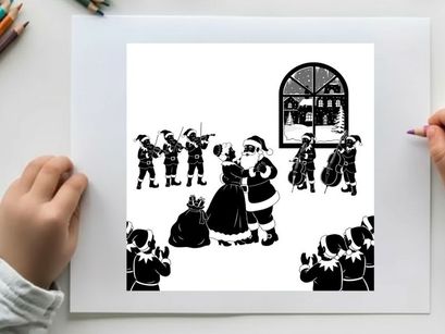 Santa claus silhouette with mrs claus and children on a snowy night