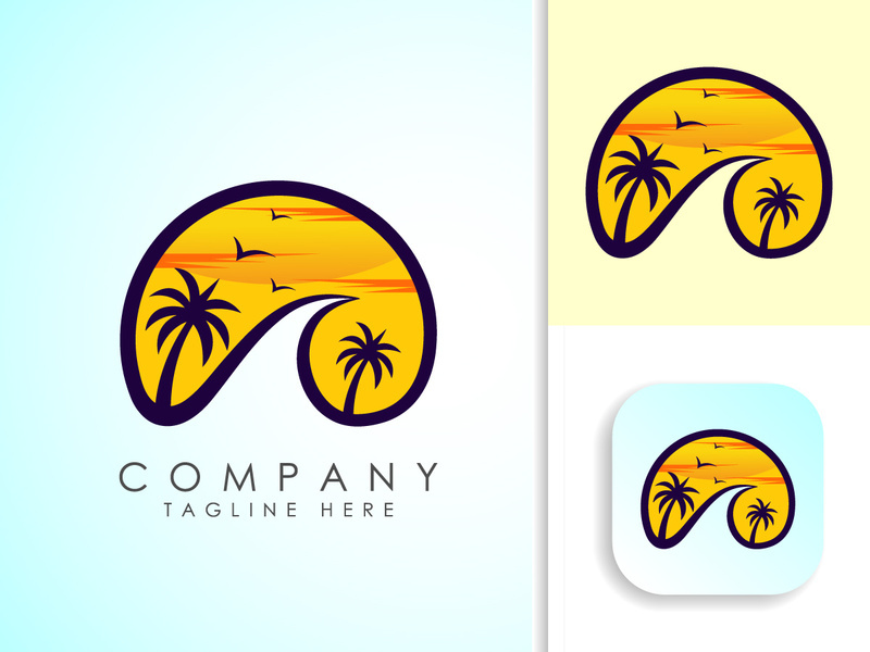 Beach logo design. Sun sunset sunrise with beach ocean sea water logo icon.