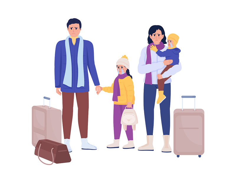 Family waiting for evacuation on train station color vector characters