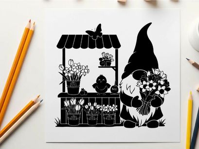 Silhouette of a gnome buying flowers from a vendor's stand