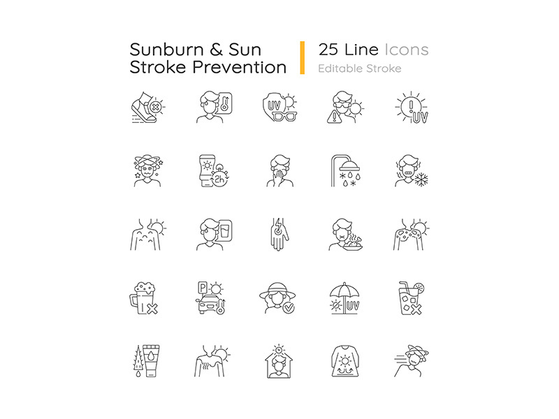 Sunburn and sunstroke prevention linear icons set