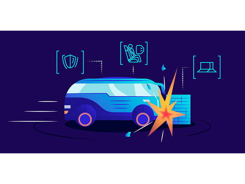 Driverless car crash test flat color vector illustration