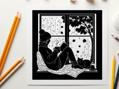 Cozy silhouette of a person reading near a rainy window with cat