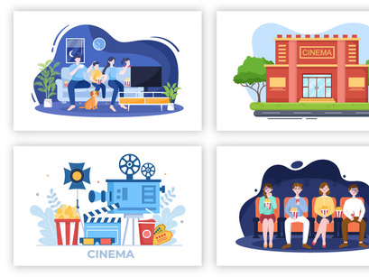 24 Cinema Movie Theater Flat Design Illustration