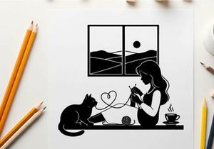 Silhouette of a woman knitting with cat and scenic view