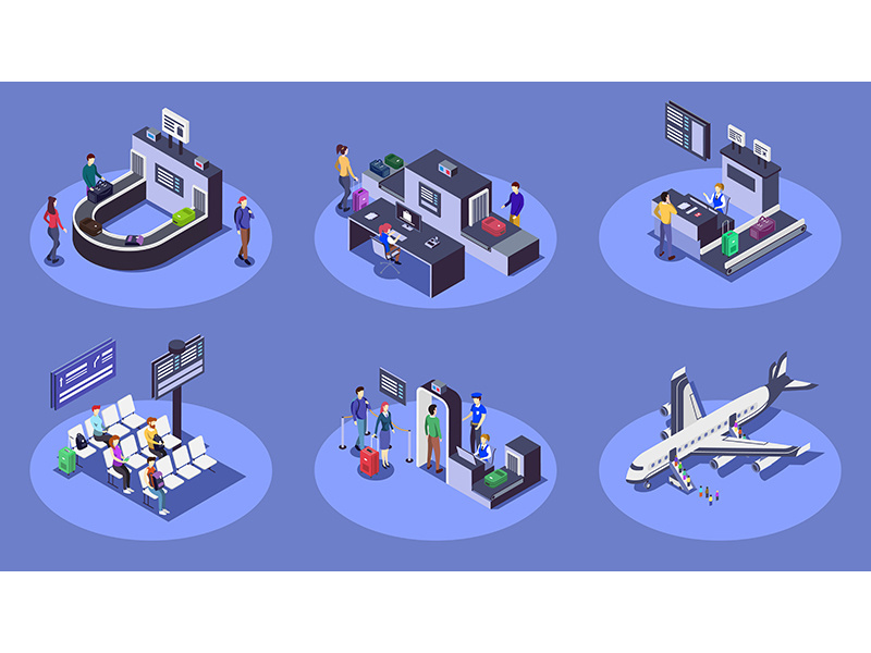 Airport isometric color vector illustrations set