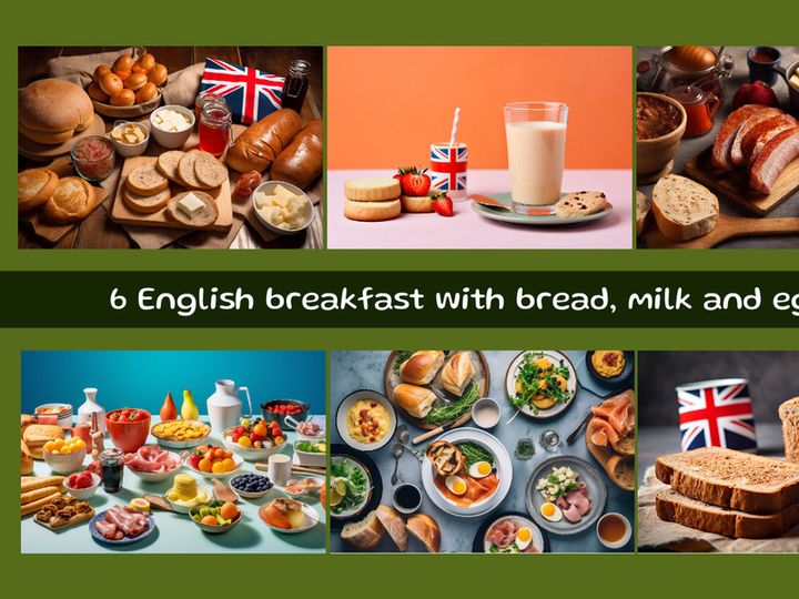 English breakfast with bread, milk and eggs