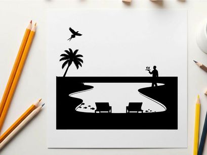 Serene beach scene with silhouette of man and palm tree