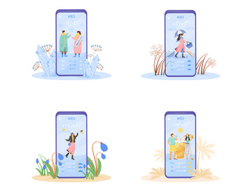 Weekly weather forecast cartoon smartphone vector app screen set preview picture