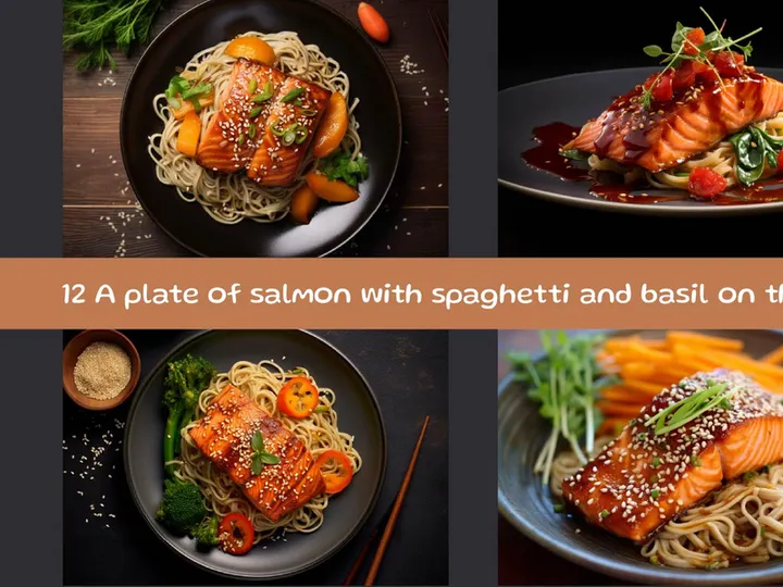 A plate of salmon with spaghetti and basil on the side