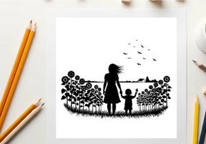 Silhouette of a woman and child in a field of sunflowers