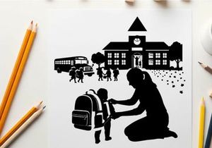 Silhouette of mother helping child with backpack at school