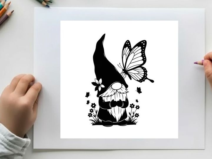 Black silhouette gnome with butterfly and flowers