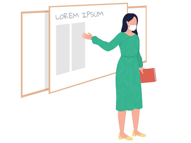 Female teacher stands in front of board semi flat color vector character