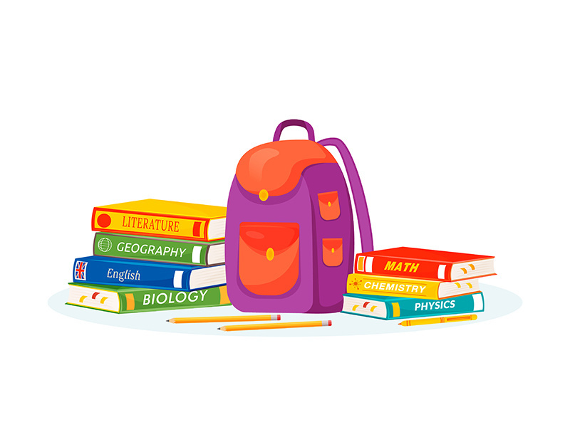 Pupil rucksack and textbooks flat concept vector illustration