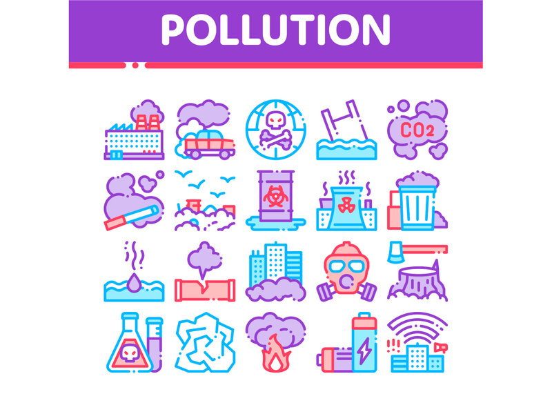 Pollution of Nature Vector Thin Line Icons Set