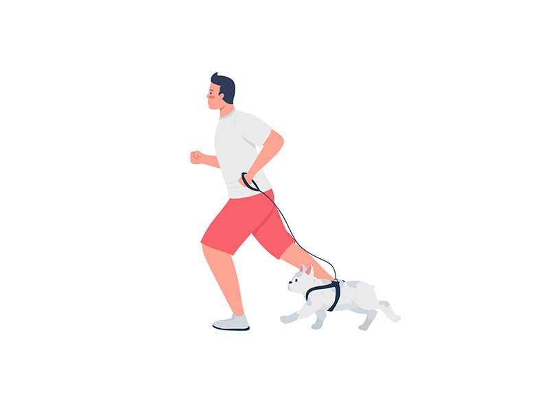 Man running with dog on leash flat color vector detailed character