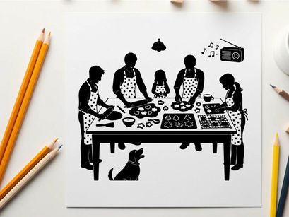 Family cooking together in a kitchen with silhouette