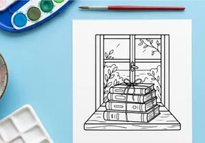 Pilha de presentes de Natal em um parapeito de janela, ilustração em traço desenhado à mão.