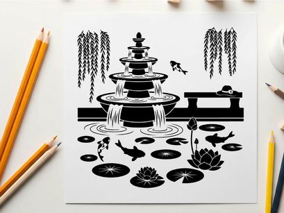Serene silhouette of a multi tiered fountain scene