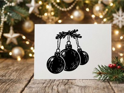 Ilustración festiva de adornos navideños dibujados a mano colgando de una rama de pino