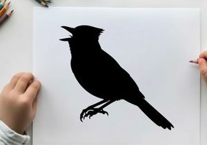 Bird silhouette singing with open beak on white background