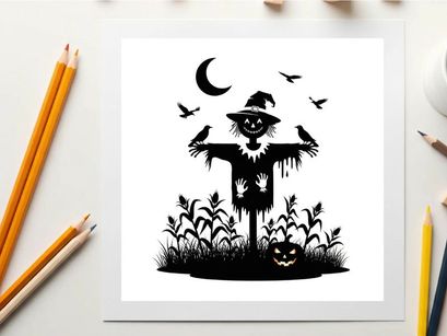 Scarecrow silhouette standing in a cornfield at night with birds and moon
