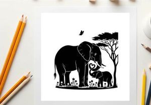 Elephant silhouette with baby and tree landscape