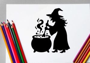 Silhouette einer Hexe, die einen Kessel in einer gruseligen Szene umrührt
