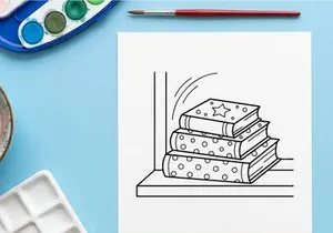 Pila de libros navideños con patrones de estrellas y lunares para página de colorear de vacaciones.