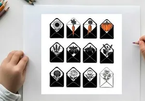 Collection of 12 unique silhouette designs in black and white with orange accents silhouette
