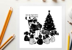 Silhouette of a man reading to children by a christmas tree silhouette
