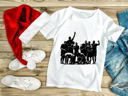 Black and white illustration of a triumphant sports team celebrating victory together