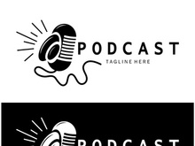 podcast logo with microphone and earphone audio, radio waves. for studio, talk show, chat, information sharing, interview, multimedia and web.