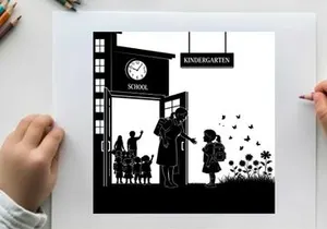 Silhouette of children and teacher outside kindergarten school entrance