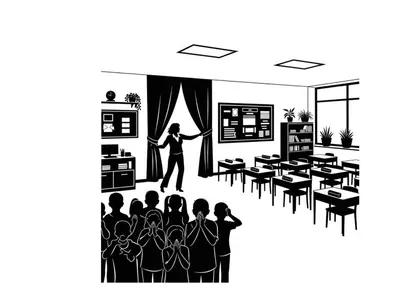 Silhouette of a teacher and students in a classroom setting with curtains