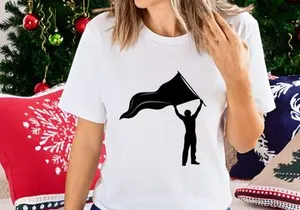 Silhouette person raising victory flag triumph success leadership black white