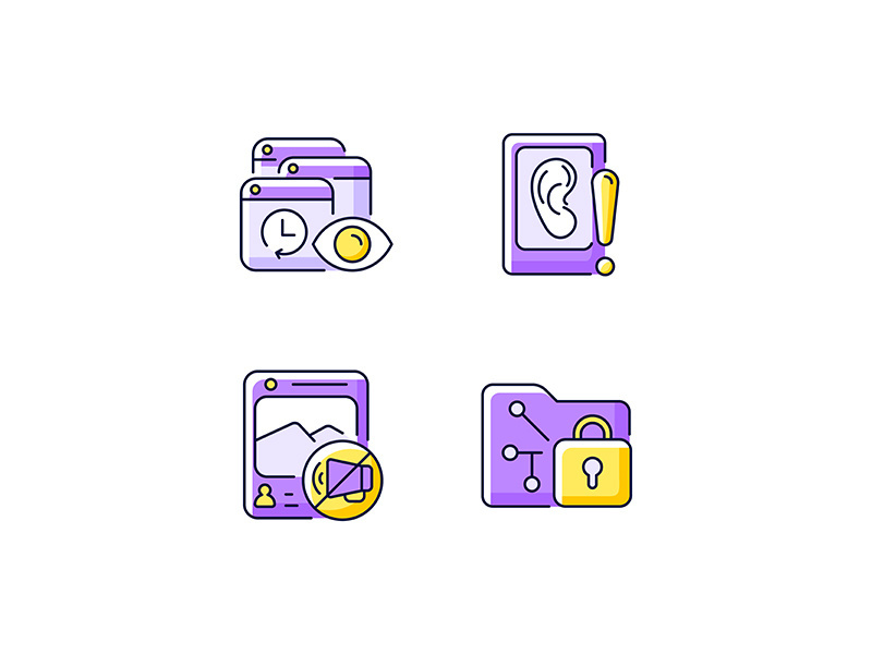 Computer activity monitoring purple RGB color icons set
