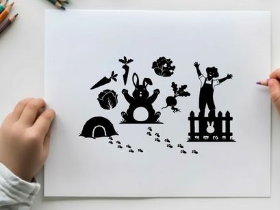 Silhouette of rabbit and scarecrow in garden scene