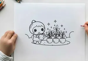 Cute robot watering plants flat design vector illustration