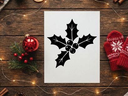 Black and white holly leaves and berries icon for Christmas holiday design elements.