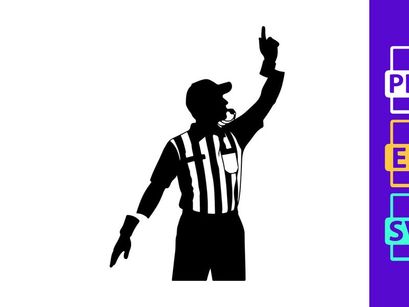 A black silhouette of a referee signaling a penalty in a sporting event