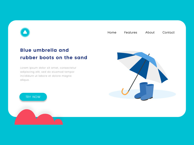 Blue umbrella and rubber boots on the sand flat design
